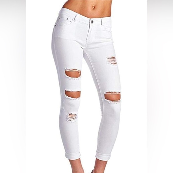 NWOT 10 White Butt Lift Stretch Ripped Skinny Jeans Distressed Denim Pants - Picture 3 of 6